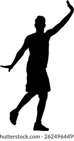 Man with raised arms isolated silhouette front view.