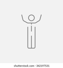 Hombre con icono de línea de armas levantadas para web, móvil e infografía. Icono vector de gris oscuro aislado en fondo gris claro.