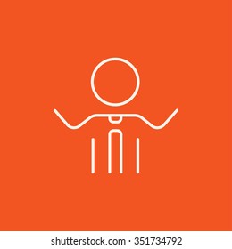 Hombre con icono de línea de armas levantadas para web, móvil e infografía. Icono blanco vector aislado en fondo rojo.
