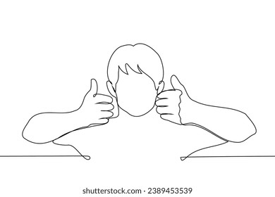 man raised both hands to show thumbs up at face level - one line art vector. concept full approval, satisfied male audience