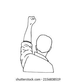 Man with a raised fist expresses his opinion. Vector illustration in the style of doodles, template, blank for posters, cards, banners.