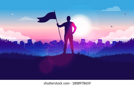 Man with raised flag in front of city and sunlight - Proud male on hilltop. with flag in hand looking to conquer this town. Success, winner and freedom concept. Vector illustration.