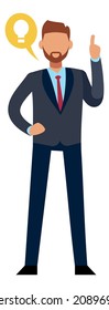Man with raised funger and light bulb sign. Businessman having idea or solution