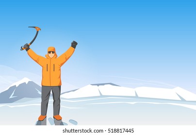 Man with Raised Hands on a Background of Mountains. Expedition Banner. Modern Design Vector Illustration