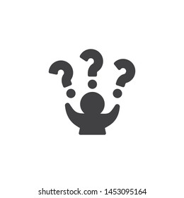 Man with raised hands and a question mark vector icon. filled flat sign for mobile concept and web design. Person asking question glyph icon. Symbol, logo illustration. Vector graphics