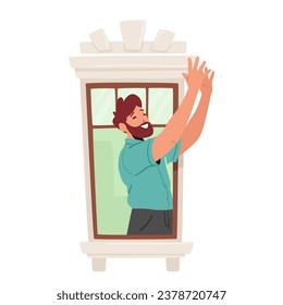 Man With Raised Hands At The Window, Bathed In Warm Light. A Moment Of Triumph, Hope, Or Celebration. Smiling Mature Male Neighbor Character. Cartoon People Vector Illustration