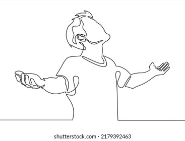 Hombre con las manos levantadas. Joven levanta las manos hacia arriba en el dibujo continuo de la línea 