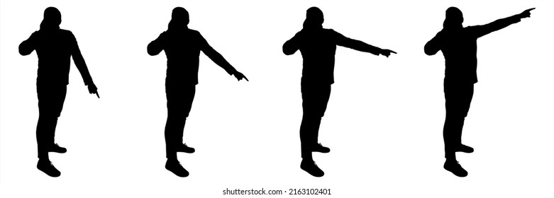 The man raised his hand with the phone to his head.  Men call for help, puts their hand to their mouth, and show the direction with their other hand. Black character isolated on white background