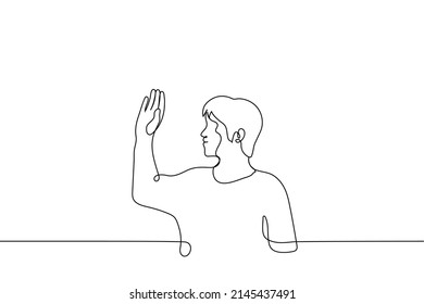 man raised his hand and smiles - one line drawing vector. concept of hello or farewell, volunteer