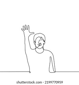 man raised his hand and smiles - one line drawing vector. concept a man with a smile greets the viewer, say hello or say goodbye