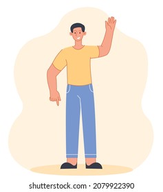 Man raised his hand up. Character greeting someone. Owner greets guests. Welcome person, smiling guy. Happy, friendly, care. Social, society, friendship, gesture. Cartoon flat vector illustration