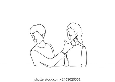 man raised his hand to woman's face - one line art vector. end consultation with a plastic surgeon, makeup artist. Handmade vector not AI