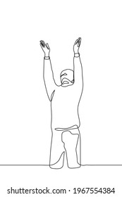 man raised his hands up above his head, his face turned to the sky - one line drawing vector. the concept of prayer, desperate cry, request for clemency