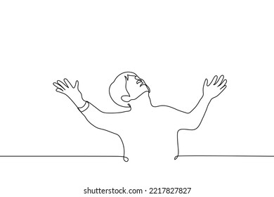 man raised his hands and face to the sky - one line drawing vector. concept prayer, despair