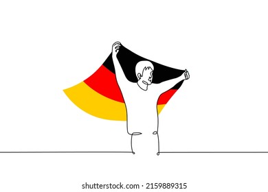 el hombre levantó las manos y sostiene la bandera alemana detrás de su espalda - un vector de dibujo de una línea. concepto de patriota alemán, feriado público en Alemania