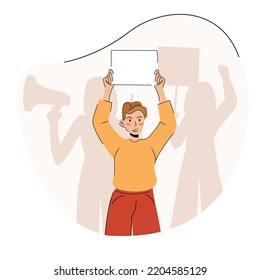 the man raised his hands into fists and a poster banner in his hands in protest. Vector flat illustration with boy protesting. A guy screams with an unhappy expression on his face. rally