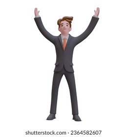 Man raised his hands and looks up. Gesture of success, joy. Achievement of goal, victory. Successful business project. Vector concept on white background. Realistic character in business suit is happy