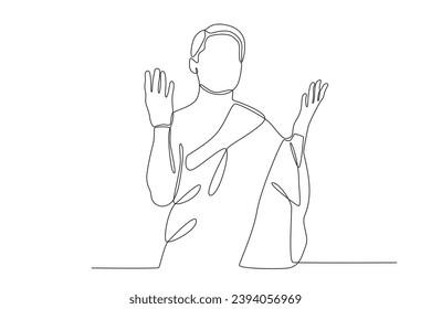 Un hombre levantó las manos en oración. Dibujo de una línea de Hajj