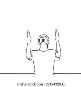 man raised his hands to the sky raising his face - one line drawing vector. concept pray in despair, complain