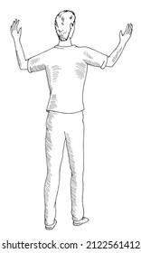 Man raised his hands up standing isolated graphic black white sketch illustration vector