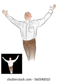 man raised his hands to the top and smiling. illustration on a white background, waiting for a miracle. The man raised his hand palm up
