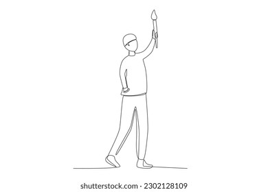A man raised a torch in his hand. Islamic new year one-line drawing