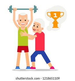 Man raises barbell. Woman supports him and thinks about award in form of cup for first place. Physical exercises, training, workout, sport, healthy lifestyle. Flat style illustration.
