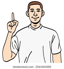 Man Raises Finger Idea Smiling Guy Points Up Vector Illustration