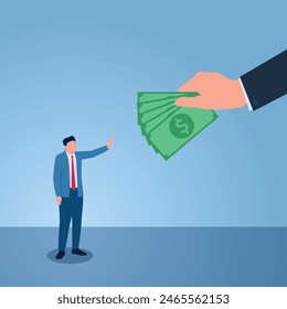 El hombre levanta la mano negando el dinero dado por la mano grande de su jefe, ilustración de negarse a sobornar.