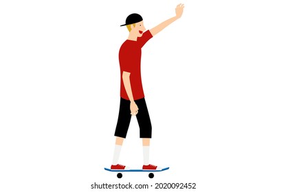 A man raises his arms in greeting while riding a skateboard.