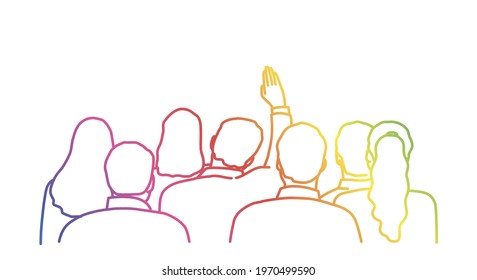 Man raises his hand to ask a question. Hand drawn vector illustration. Color line.