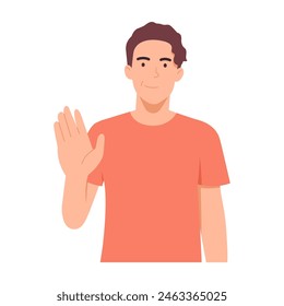 Man raises his hand to stop or disapprove. expression of rejection Avoiding things you don't like. Flat vector illustration.