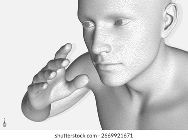 Un hombre levanta la mano mientras vota. Ilustración 3D para folleto, póster, portada, tarjeta, presentación, volante o Anuncio.