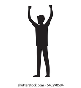 Man raises his hands up and show protest black silhouette isolated on white background. Cartoon person vector illustration.