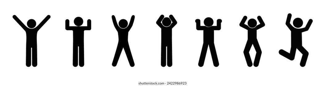 man raises his hands up, people icon, stick figure human silhouette