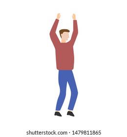 The man raises his hands up.Flat cartoon character isolated on white background