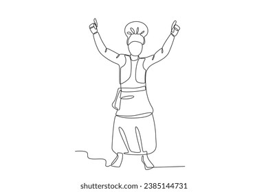 A man raises his hands wearing traditional clothes. Lohri one-line drawing