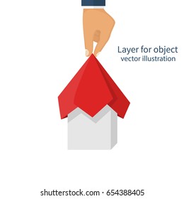 Man raises silk fabric with covered object. Project presentation concept. Red cloth hold in hand. Vector design flat style. Isolated on white background. For convenience, illustration in layers.