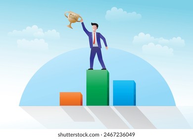 man raises trophy on podium with view of cloudy blue sky