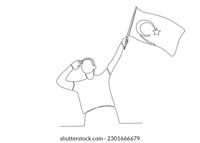 A man raises a Turkish flag while saluting. 15 Temmuz one-line drawing