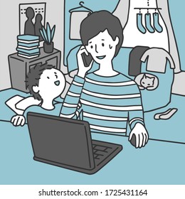 A man raising a child calling for work in a messy room