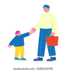 A man raising a child and his child. Flat design illustration of parent and child holding hands and shopping. Vector illustration of a family.