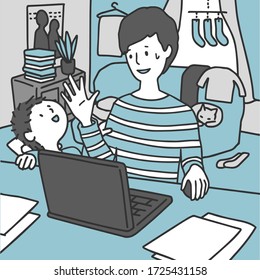 A man raising a child who works from home in a messy room