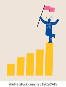 Homem levantando uma bandeira no topo do gráfico de negócios. Conceito de sucesso. Ilustração vetorial colorida
