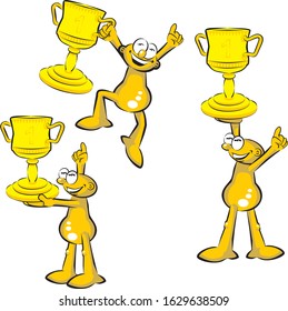 Man raising a golden trophy in his hands. The winner raises the first prize cup. Vector illustration in cartoon style available in EPS 10.