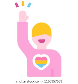 Man raising hand with rainbow heart on a shirt vector illustration in flat color design