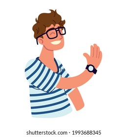 man raising hand and smiling isolated