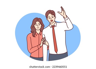 Man raising hand wanting to be noticed and modest smiling woman standing behind. Young family couple of guy in business clothes and girl dressed in casual style. Flat vector illustration