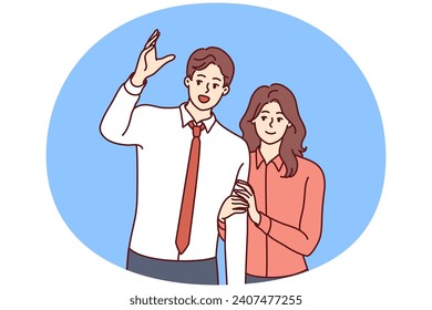 Man raising hand wanting to be noticed and modest smiling woman standing behind. Young family couple of guy in business clothes and girl dressed in casual style. Flat vector illustration