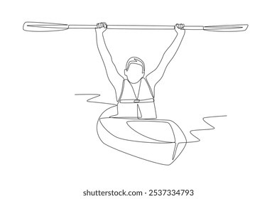 Man raising hands happily riding kayak on river. Kayak concept one-line drawing